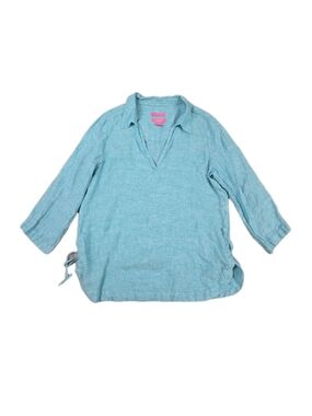 Isaac Mizrahi New York Linen V-Neck Collared Tunic Top Oversized Turquoise